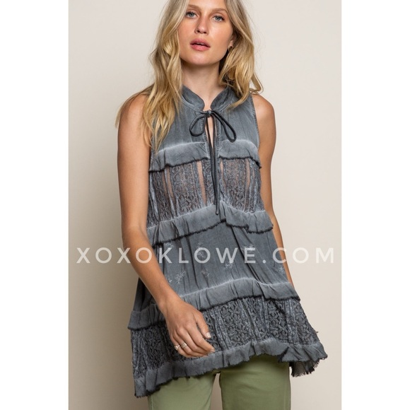 POL Charcoal Hand Dyed Ruffle + Lace Sleeveless Tunic Blouse - Picture 8 of 9